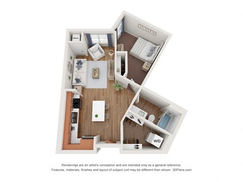 Floor plan for 1 bed, 1 bath, 620 sqft